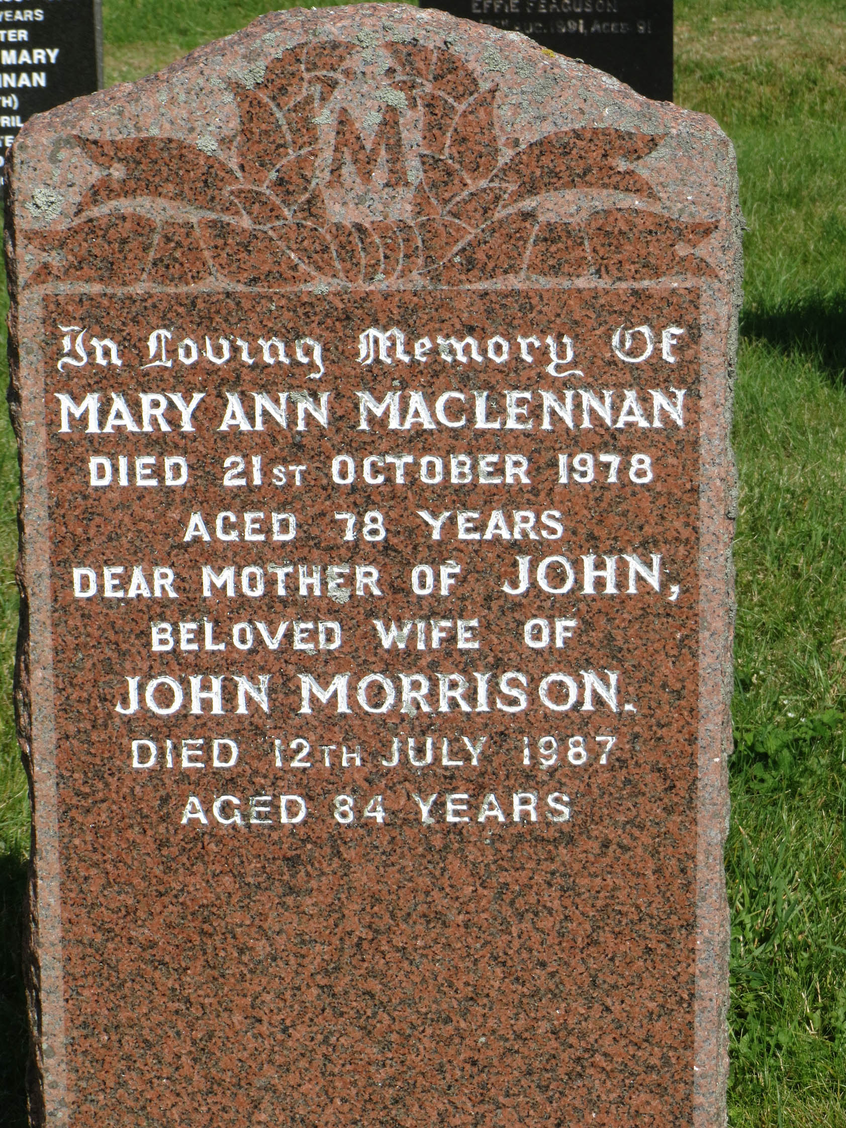 Photo of headstones/Mary Ann MacLennan d 1978 MI Luskentyre old, Harris